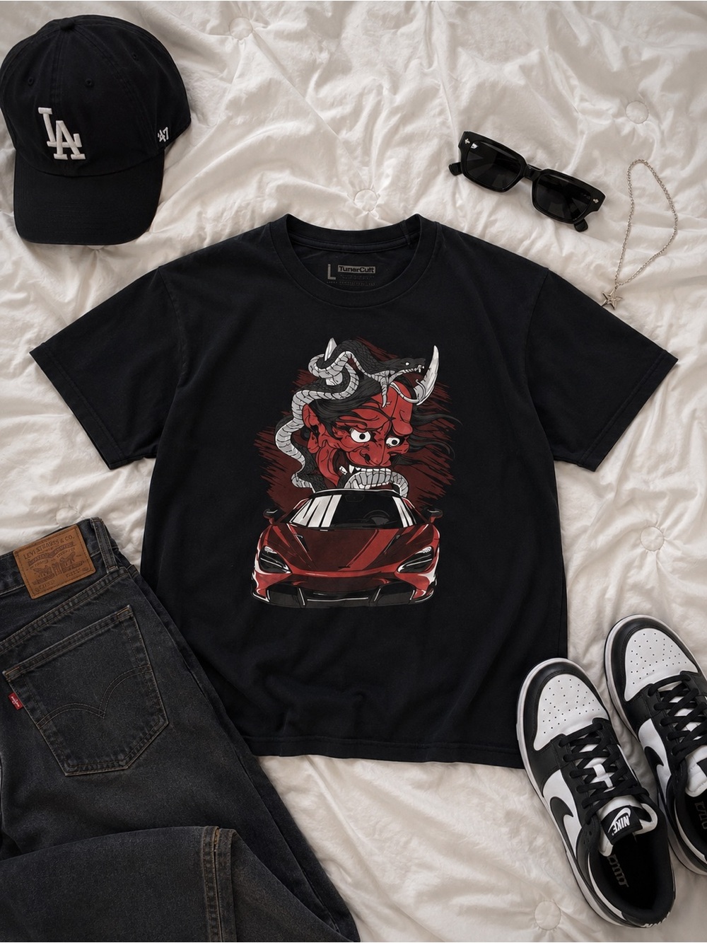 Black Graphic Tee with Red Demon & Car Print